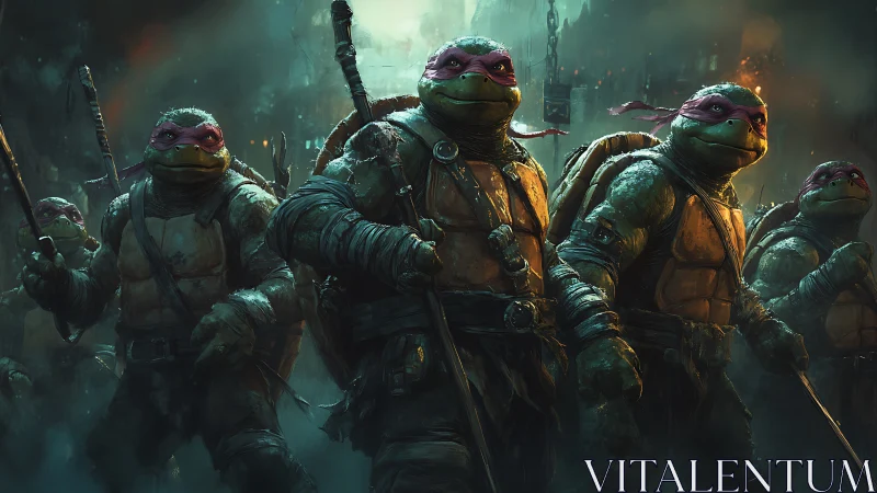 Armored mutant turtles in cinematic urban combat formation.