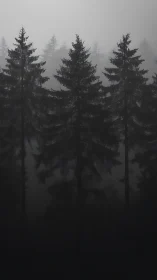 Tall pines stand in a brooding mist over a shadowed forest