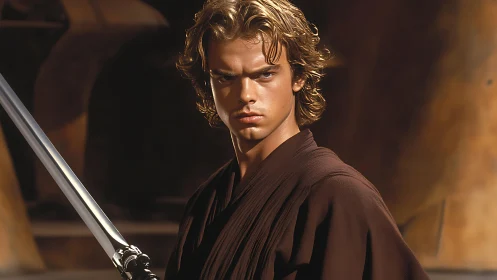 Brooding sci fi warrior with sword in cinematic light.