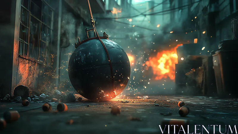 Industrial wrecking ball in burning alleyway, sparks flying