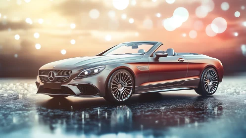 Luxury silver convertible coupe on wet reflective surface.