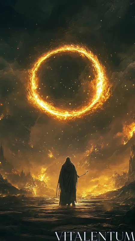 Lone cloaked mage beneath blazing fiery portal ring.