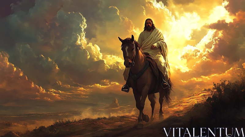 Robe-clad rider guides horse through blazing golden clouds