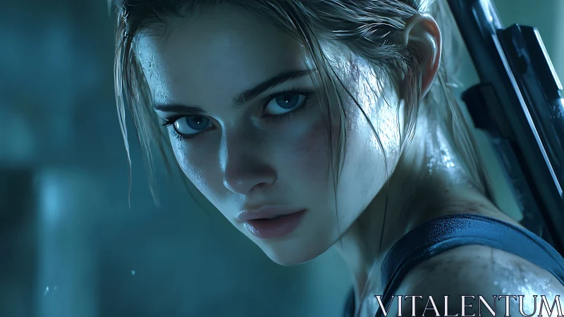 Intense wet heroine portrait with rifle in blue light.