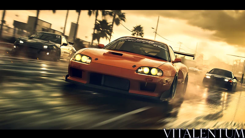 Rain-soaked street racers rendered in high-speed digital realism