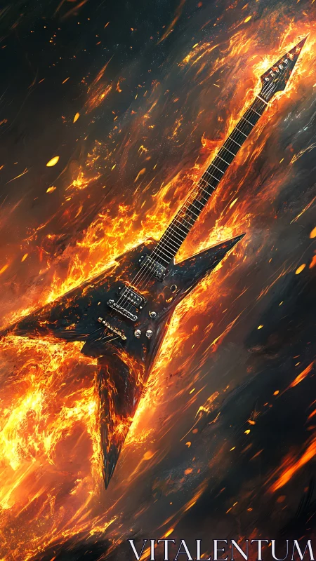 Electric Guitar Engulfed in Flames and Particle Effects