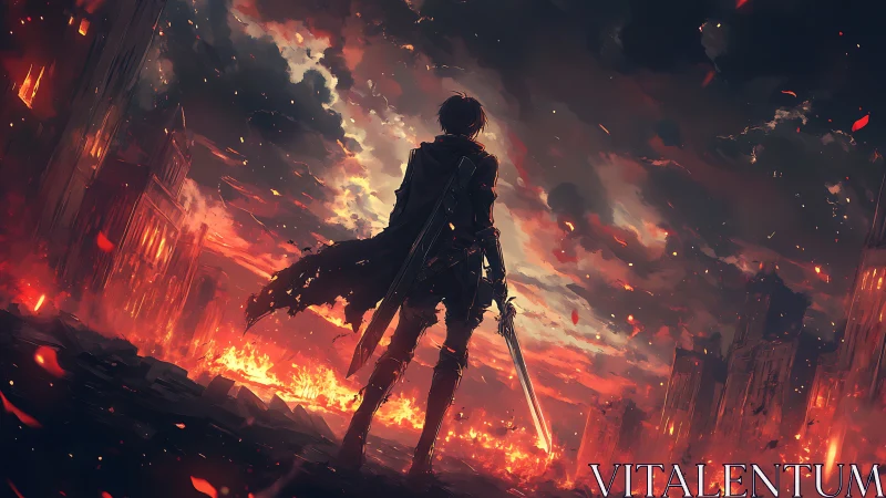 Lone swordsman dominates burning postwar city horizon.