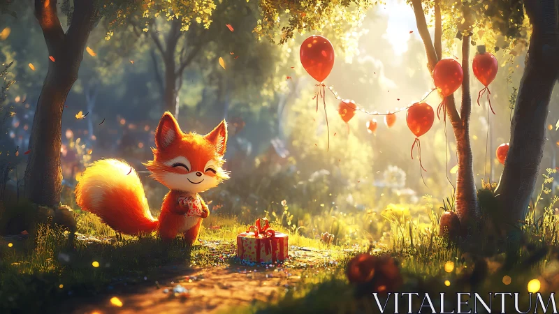 Smiling fox guards birthday gift in glowing forest light.