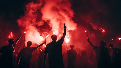 Crimson night crowd rising with torches and electric energy.
