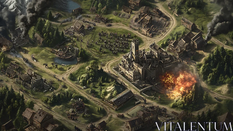 Medieval valley under siege, burning keep at war&rsquo;s heart.