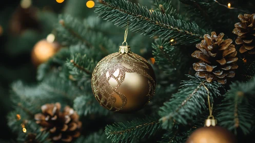 Golden Christmas bauble glowing softly on evergreen branches.