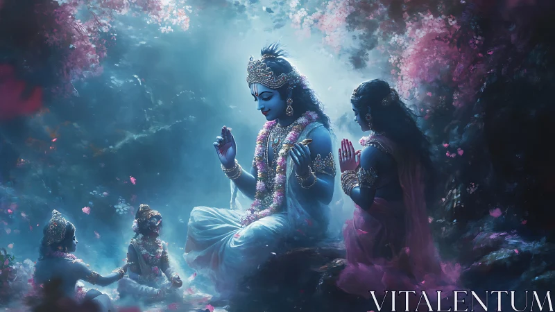 Divine blue deity in floral forest glade with devotees seated