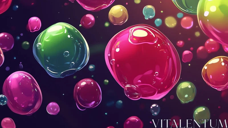 Shimmering rainbow bubbles drift in a playful cosmic dance