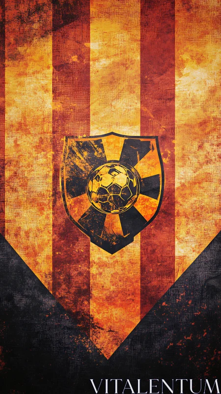 Grunge soccer crest on vertical orange striped banner.