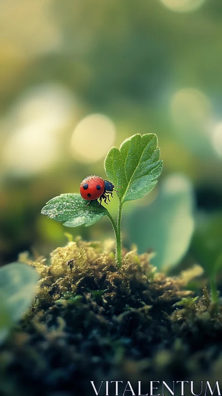 Ladybird poised on dewy leaf in dreamy forest light.