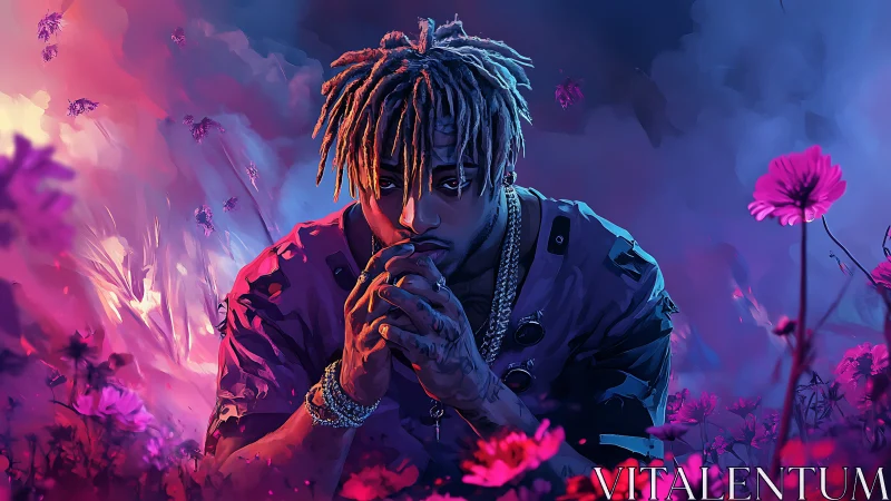 Moody digital portrait of pensive man in neon flower field.