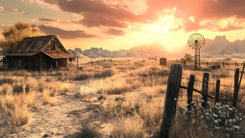 Rural homestead and windmill under low western sunlight.
