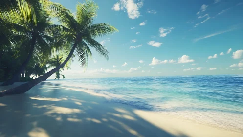 Tropical Beach Paradise: Palm-Shaded Sandy Shore.