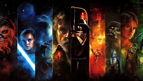 Starry saga of heroes and villains in glowing panels.