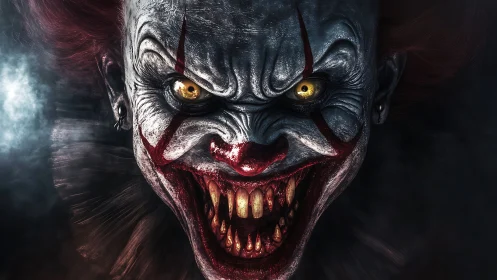Grotesque killer clown close-up with glowing predator eyes.