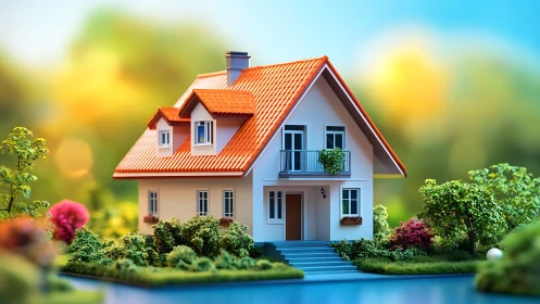 Compact gable-roof house with garden and pond view.