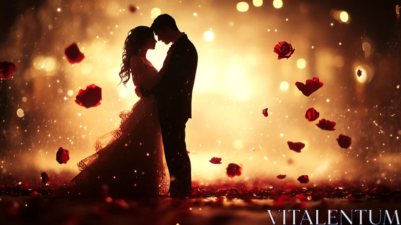 Couple silhouette with rose petals against golden light