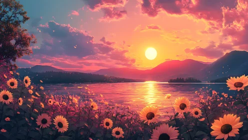 Sunlit lake sunset behind mountains and glowing sunflowers.