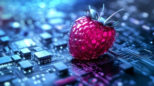 Raspberry-shaped cyber node on illuminated circuit board.