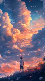 Solitary boy observes vast painterly sunset cloud ocean.