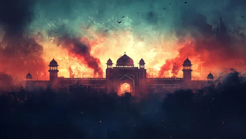 Citadel of embers rising against a storm-torn twilight sky.