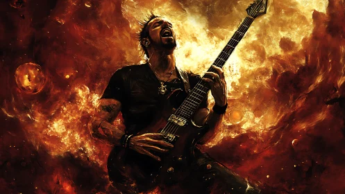 Guitarist blazing through a cosmic storm of fiery sound.