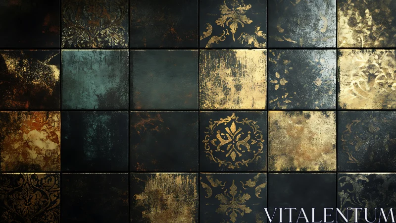 Vintage metallic tile wall with distressed gold patterns.