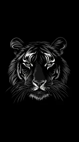 Tiger head rendered in monochrome vector illustration on black