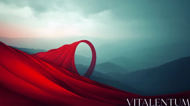 Red fabric loop stretching across misty mountain range.