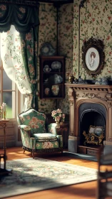 Victorian parlor interior with floral upholstery and carved fireplace