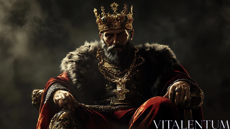 Regal ruler sits in shadowed throne room wrapped in heavy power