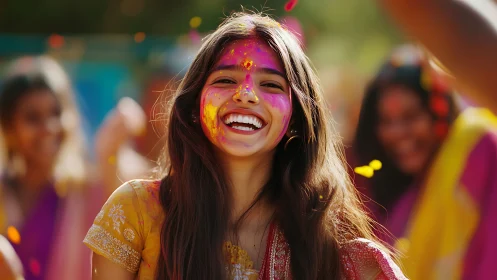 Joyful woman celebrating Holi with vibrant colors in candid style.