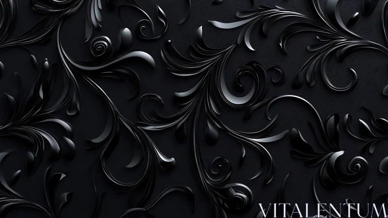 Glossy black baroque scrollwork abstract surface pattern.
