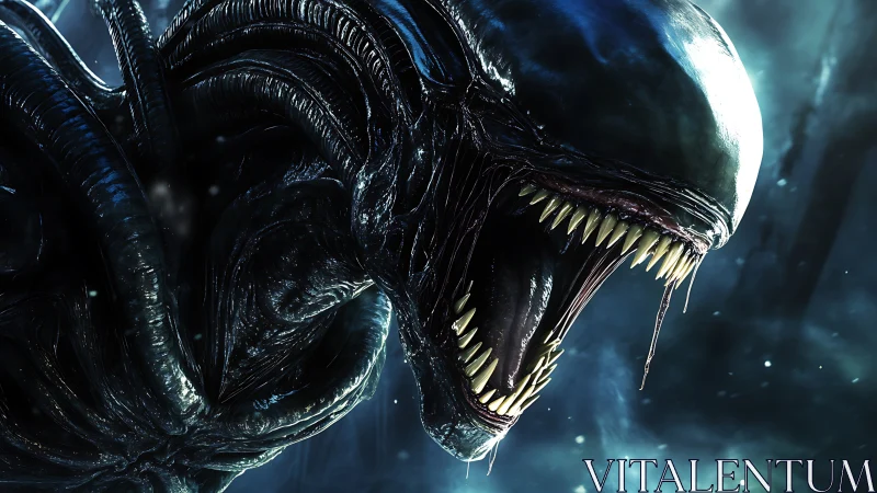 Alien-like biomechanical creature roars in cold blue light.