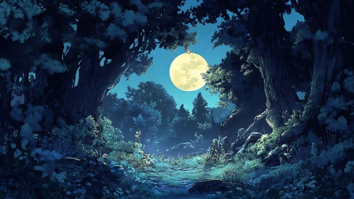 Moonlit Forest Cave - A Serene Night Landscape