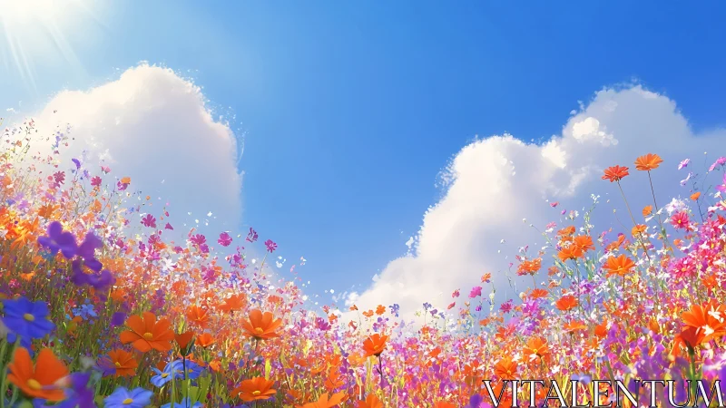 Wildflower Field Blooming Beneath Sunlit Sky.