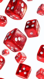 Translucent red dice rotate in midair against white field