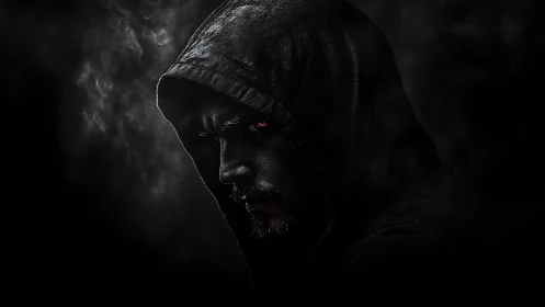 Hooded figure emerges from darkness with glowing red eye.