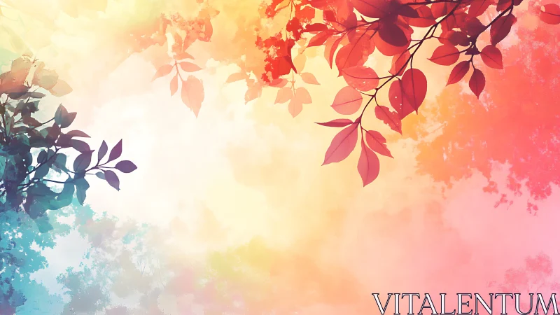 Gradient sky foliage study with multihue leaves and soft bokeh field