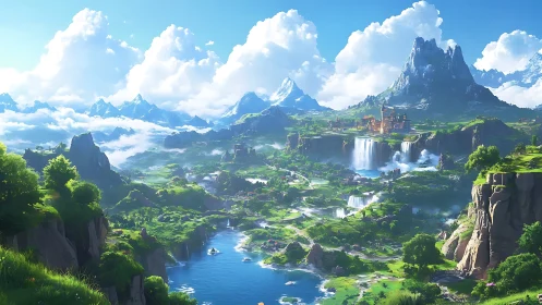 Skybrushed valley of waterfalls and emerald fantasy peaks.