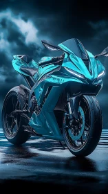 Futuristic teal superbike under stormy night sky.
