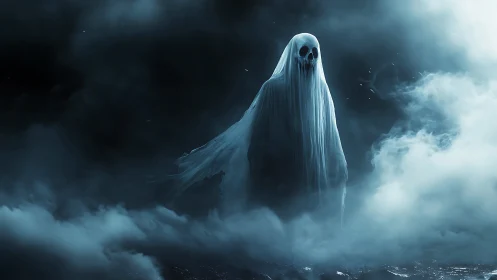 Ethereal ghostly figure emerging from dense blue fog.