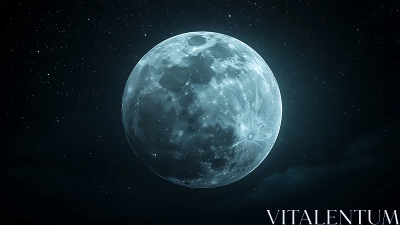 Lunar sphere rendered in cool cyan tones against starfield.