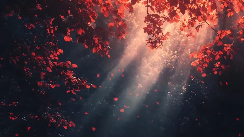 Crimson canopy breathing light into a secret forest hush.