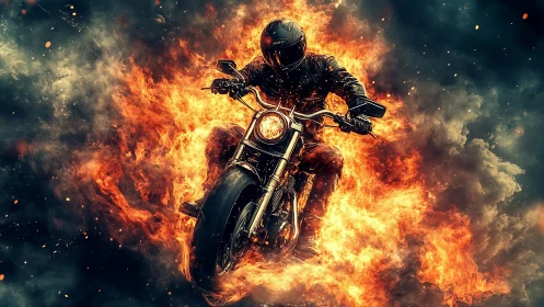 Firestorm rider bursts through blazing smoke and sparks.